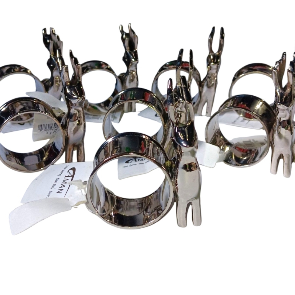 Bloomingdales Raindeer/Christmastime Silver Napkin Ring Holders 8